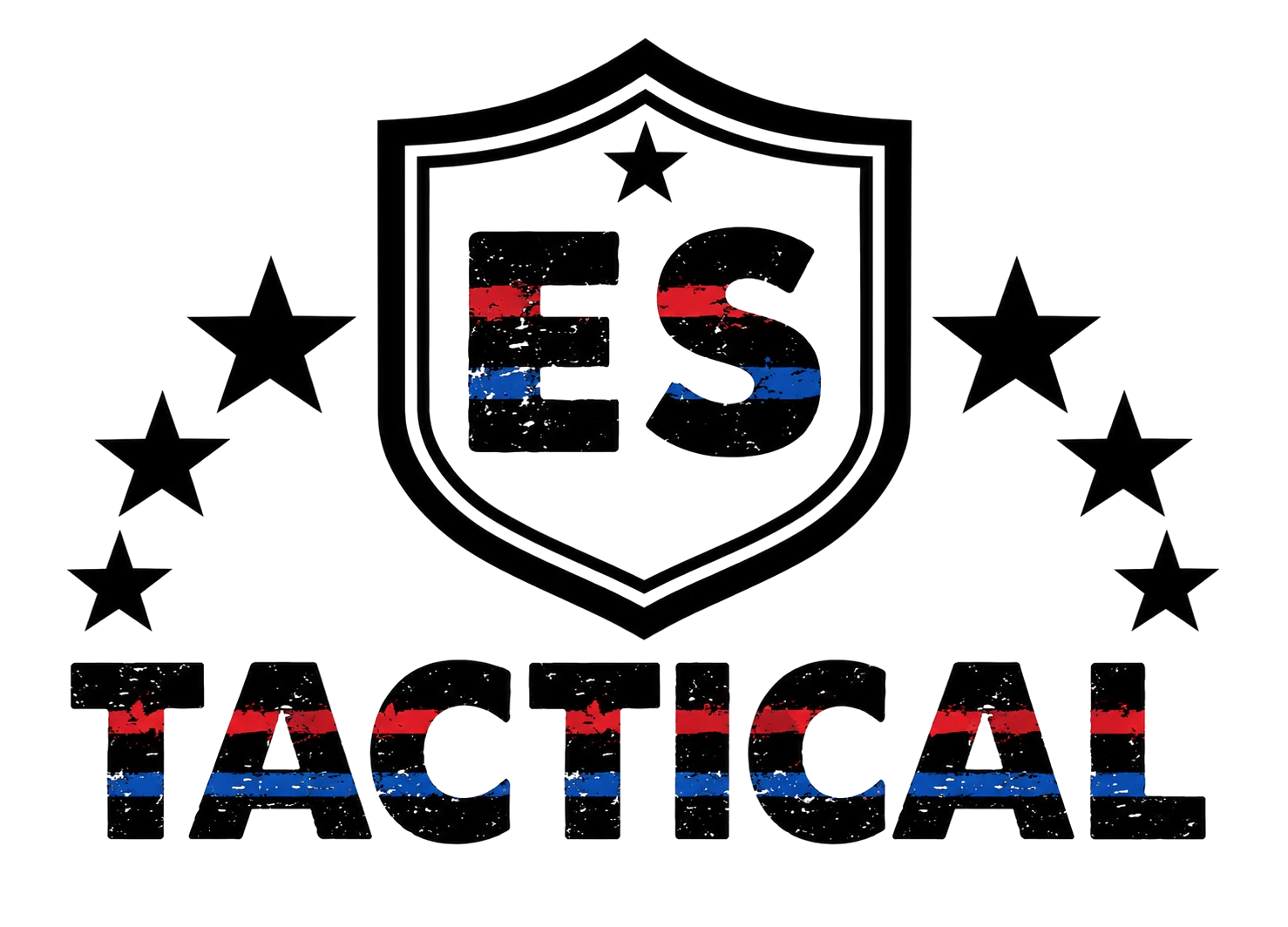 ES Tactical logo: shield with the letters ES, seven stars, and the word TACTICAL marked by thin red and blue lines